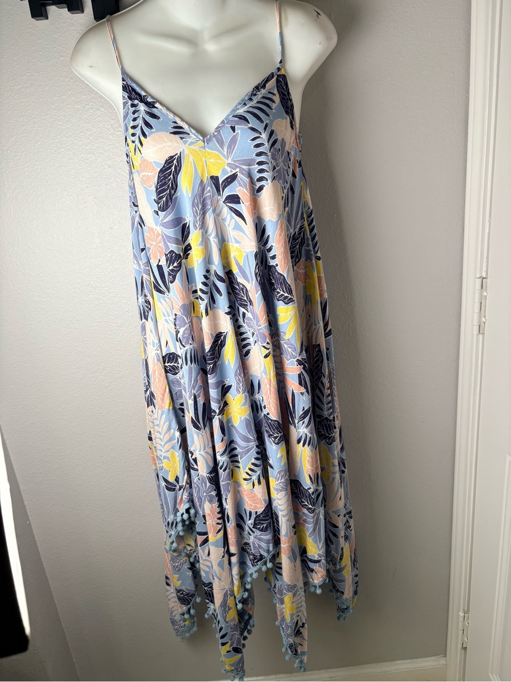 Goa Beachwear by Japna Tropical Floral handkerchief PomPom Hem Dress Size M